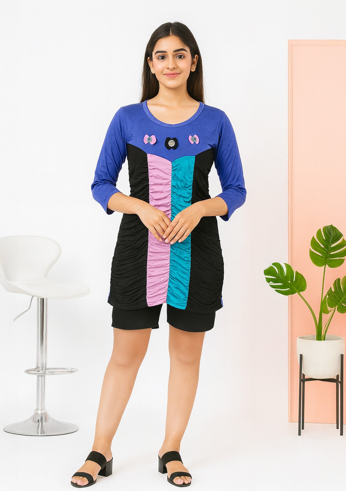 Blue Hosiery Stretchable Panel Top – Multicolor Patchwork