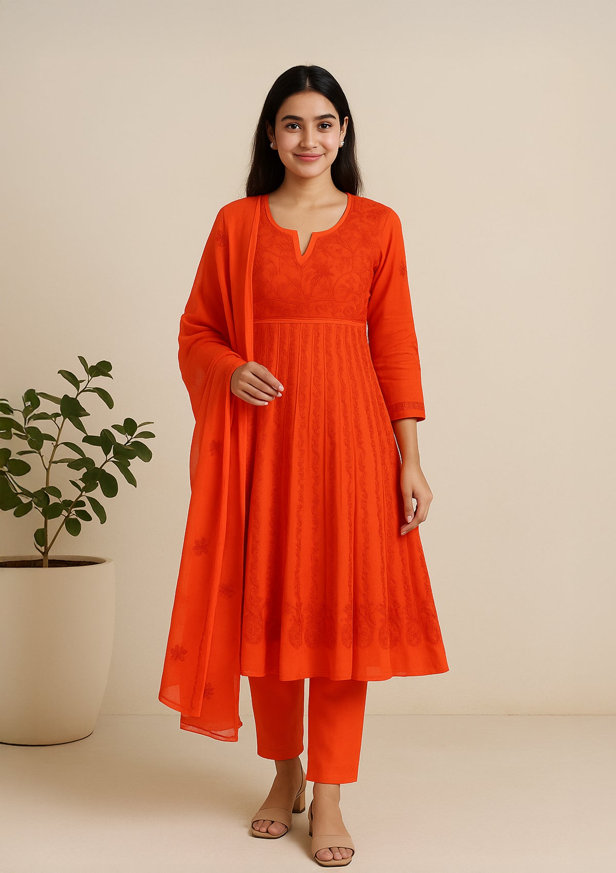 Orange Georgette Embroidered Kurti with Dupatta – Sheer Elegance
