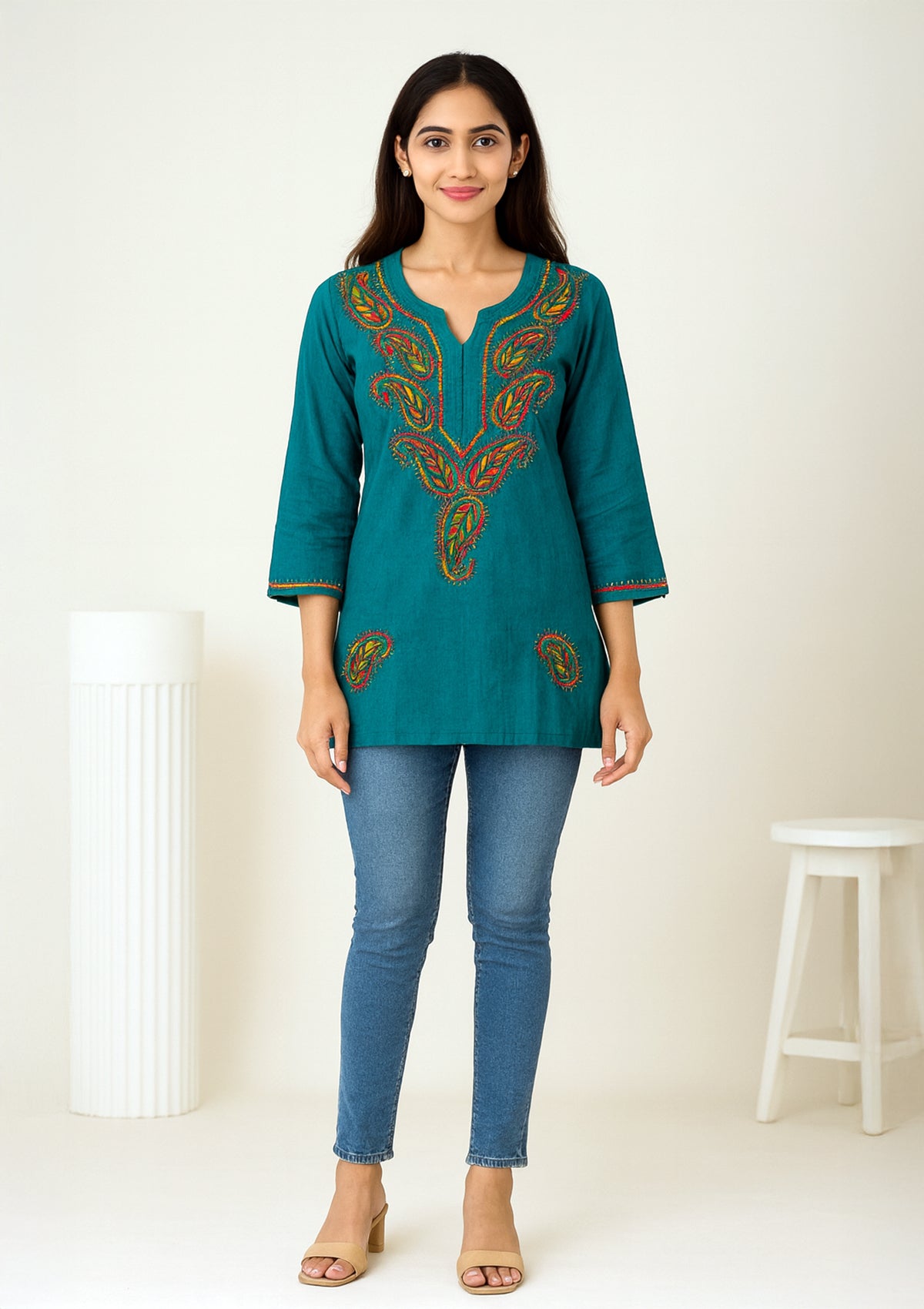 ClothingSutra Elegant Teal Cotton Short Kurti with Multicolor Hand Embroidery 42