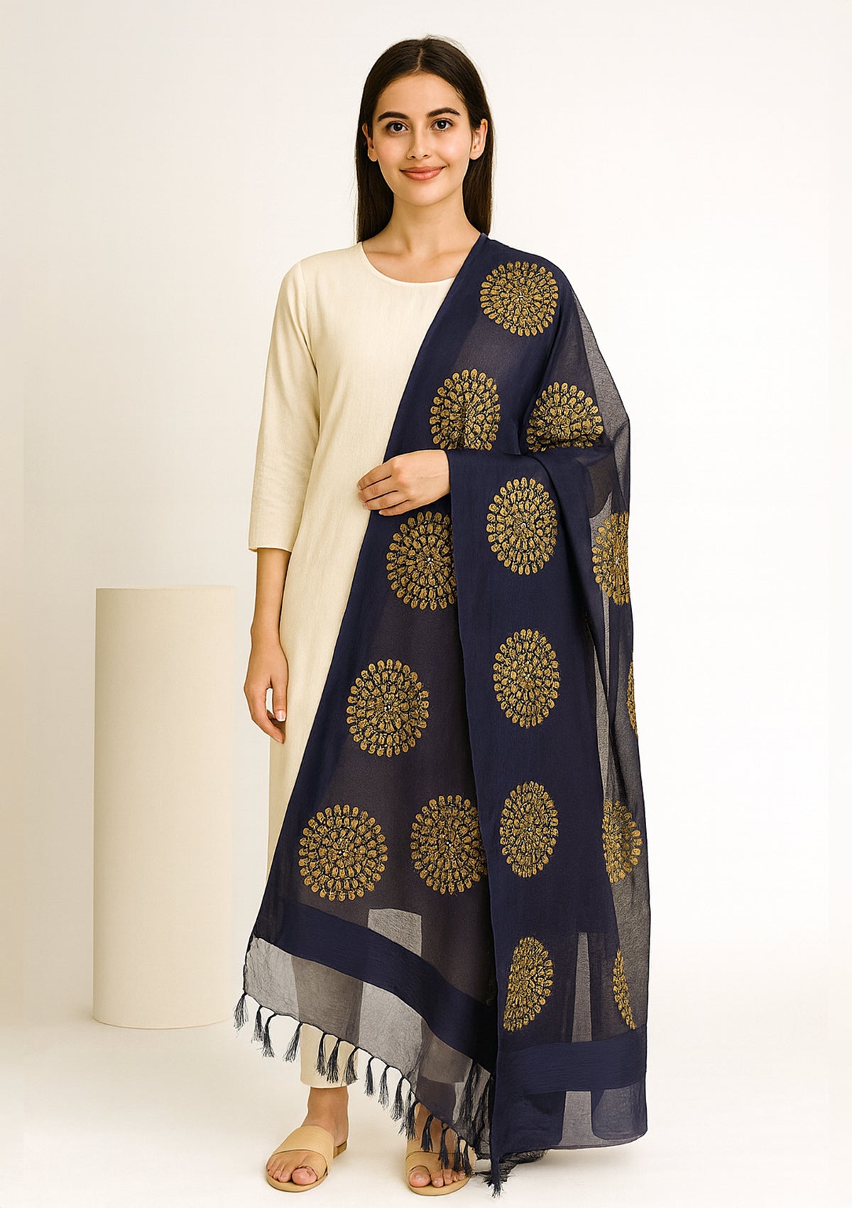 Royal Blue Banarasi Dupatta with Golden Zari Circular Motifs