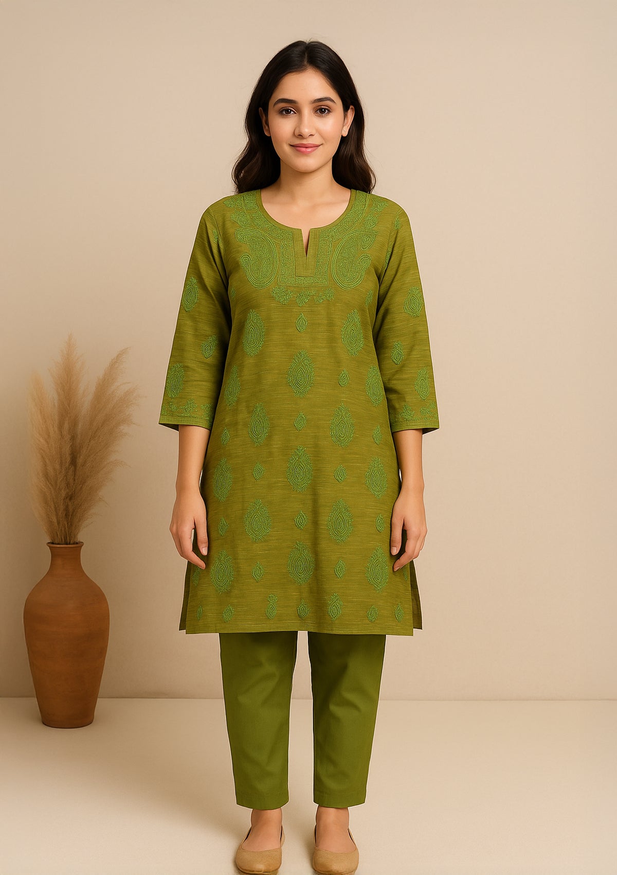 ClothingSutra Khadi Cotton Short Kurta with Chikankari Embroidery – Olive Green 42