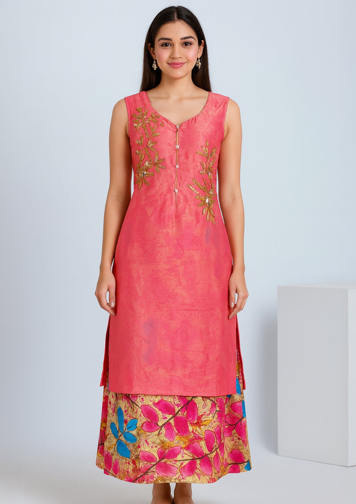 Pink Chanderi Cotton Embroidered Double Layered Gown
