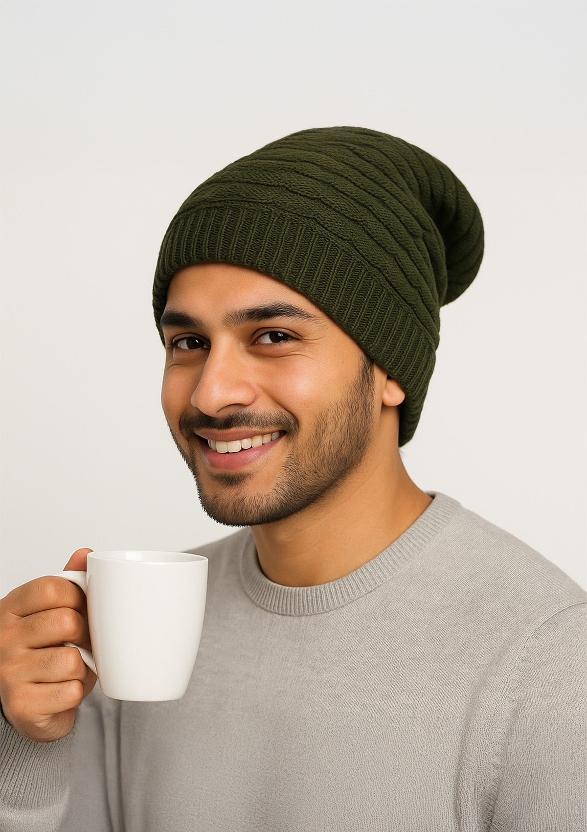 Women’s Olive Green Knitted Winter Cap – Soft Stretchy Wool Beanie