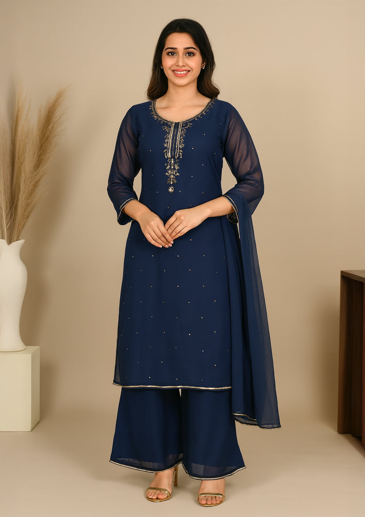 Elegant Blue Georgette Suit with Embroidered Neckline & Palazzo