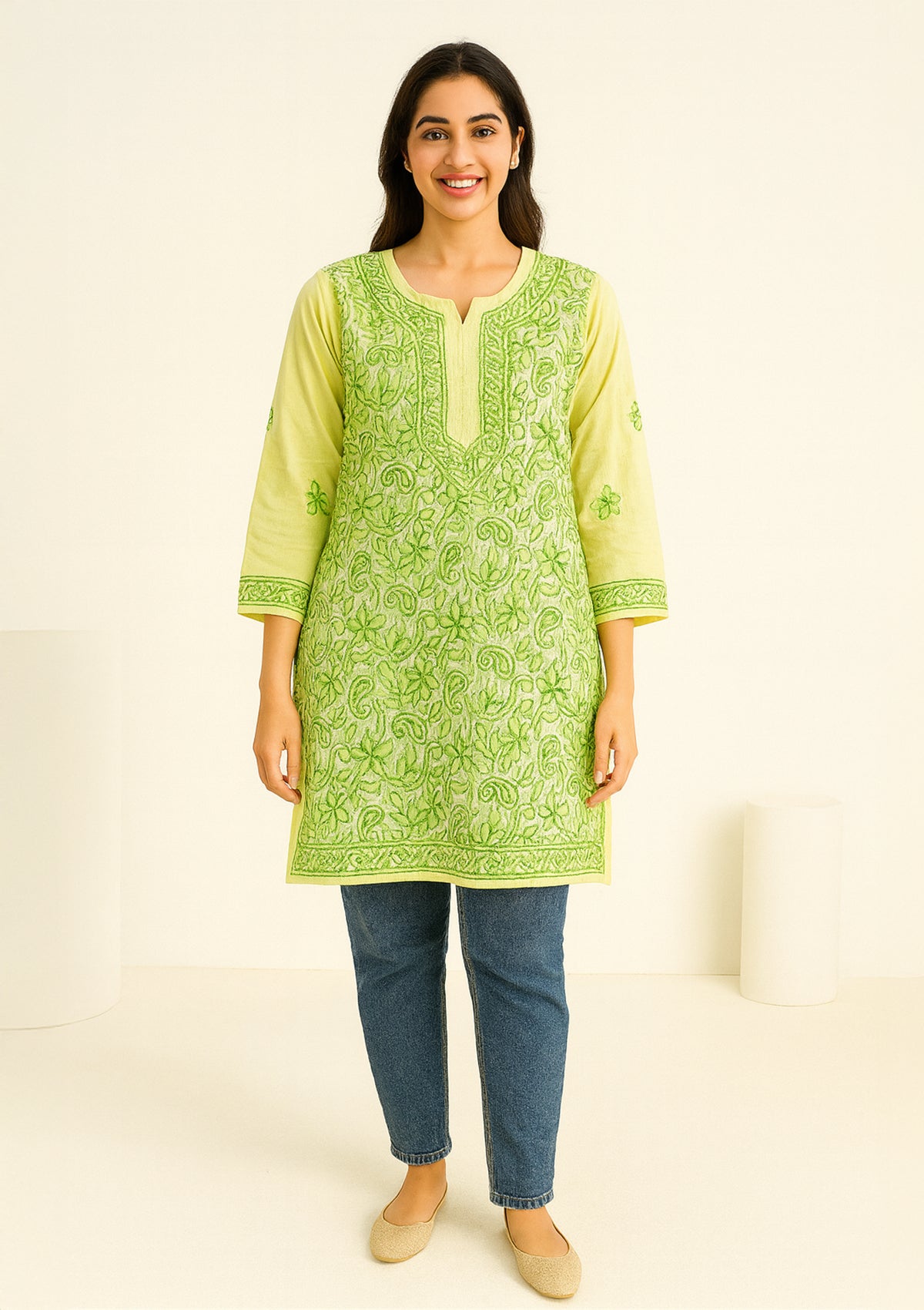 Cotton Kurti with Intricate Green Embroidery – Short Length