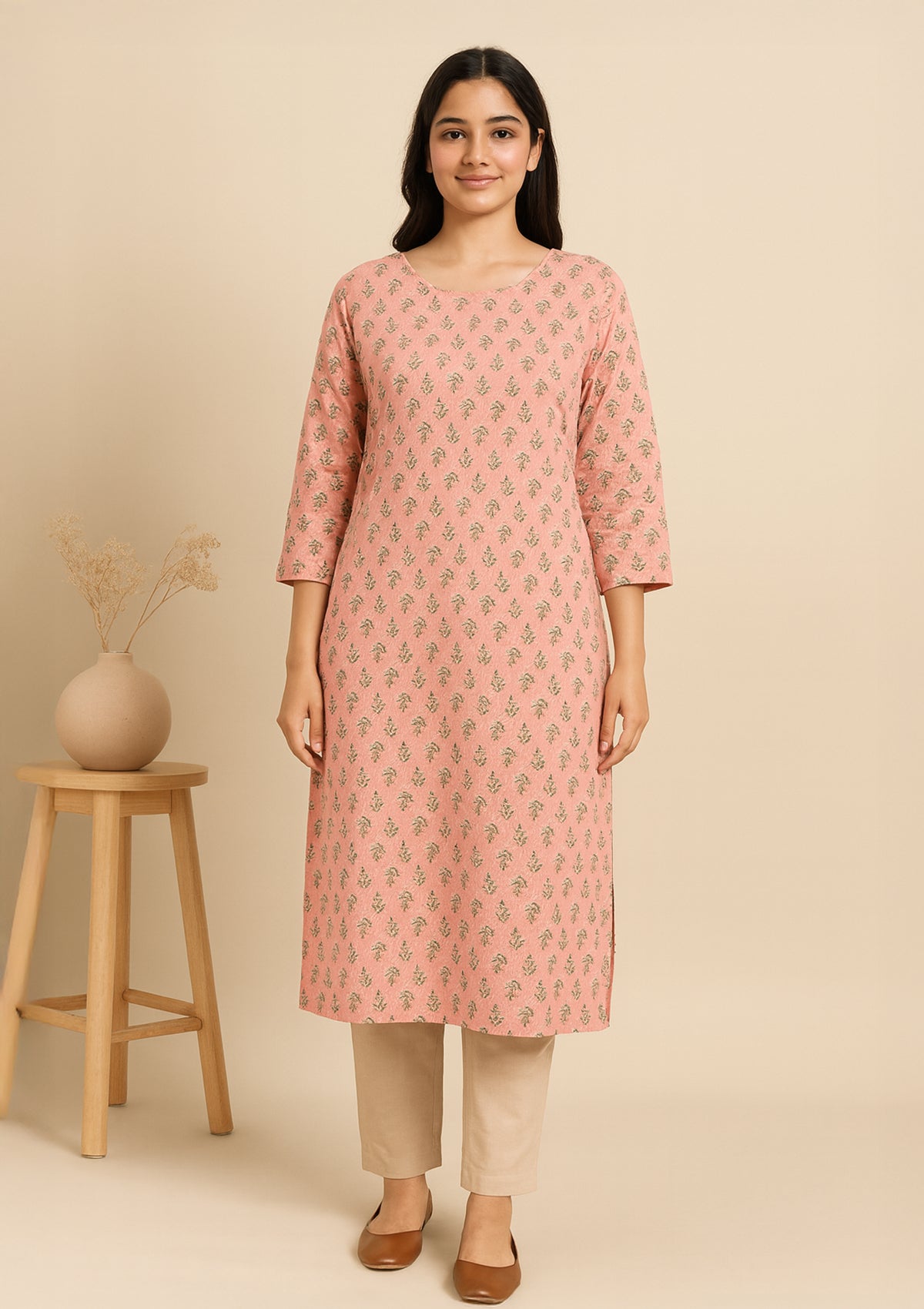 Peach Pink Cotton Kurti with Subtle Printed Motifs