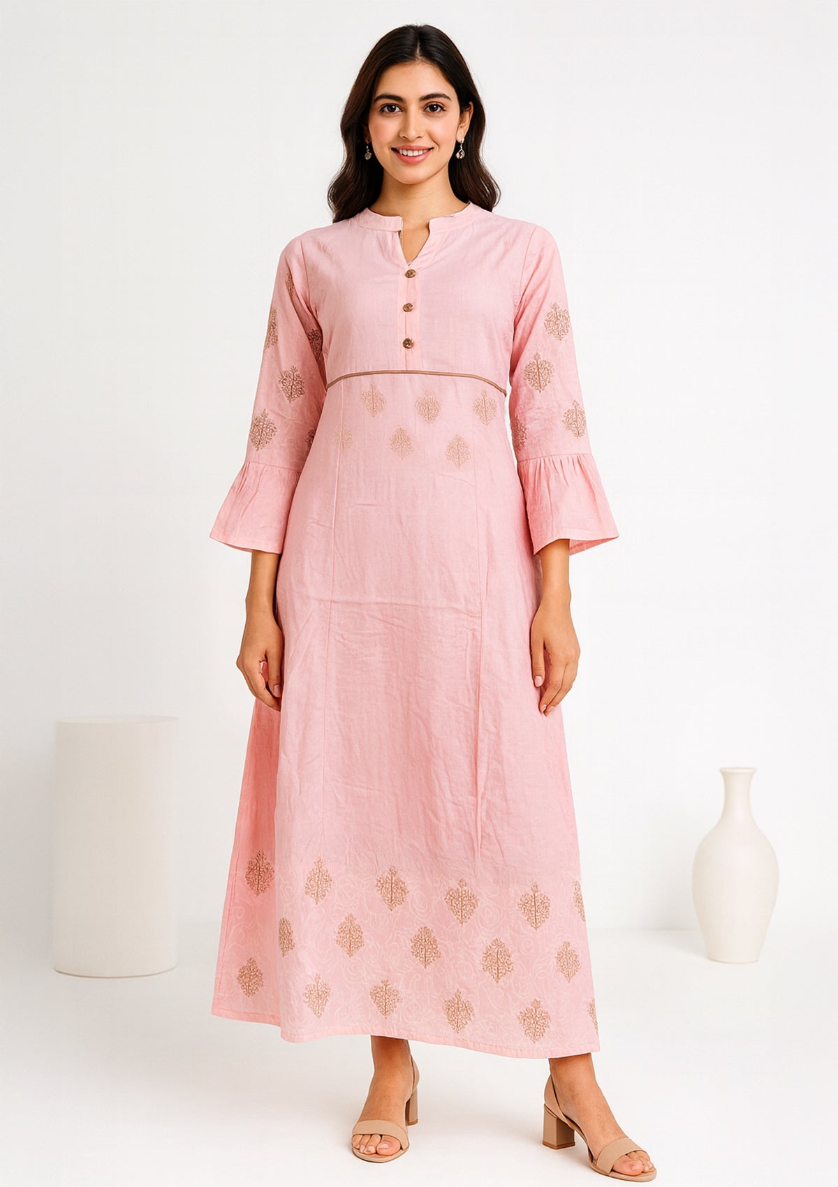 Soft Pink Cotton Gown with Elegant Embroidery & Flared Sleeves