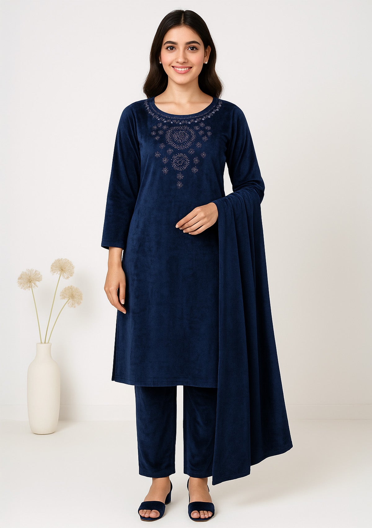 Navy Blue Velvet Palazzo Suit with Intricate Stone Work - Winter Party