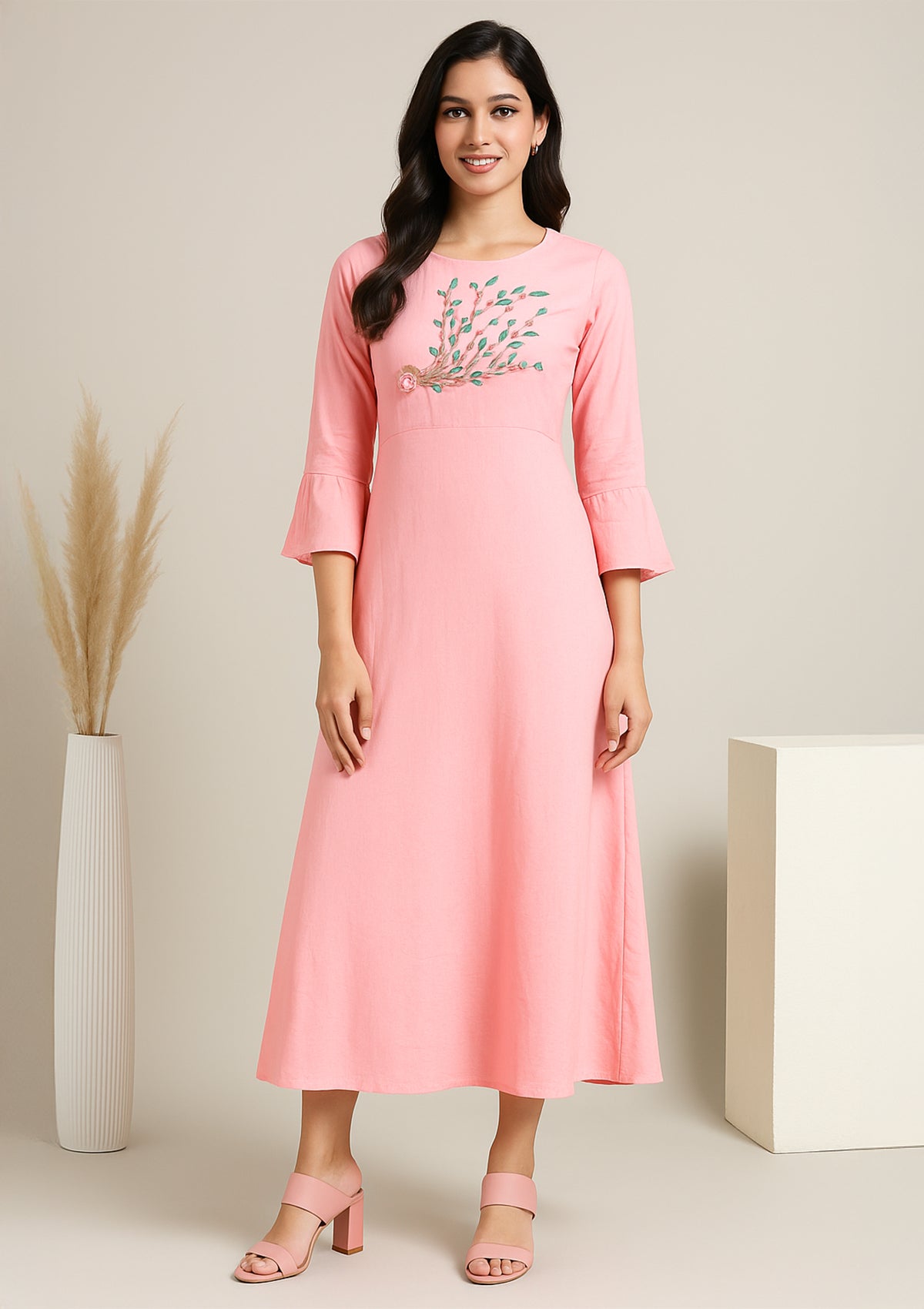 Soft Pink Rayon Embroidered Gown – Elegant & Comfortable