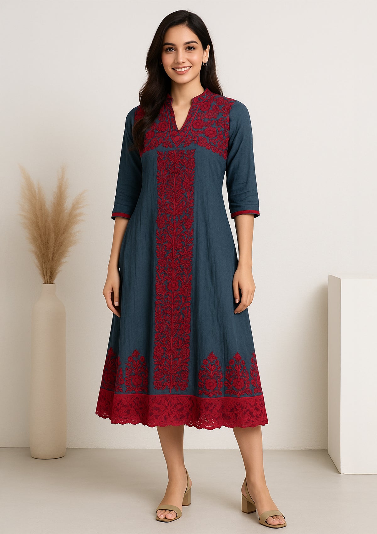 Blue & Red Embroidered Georgette Kurti - Party & Festive Wear