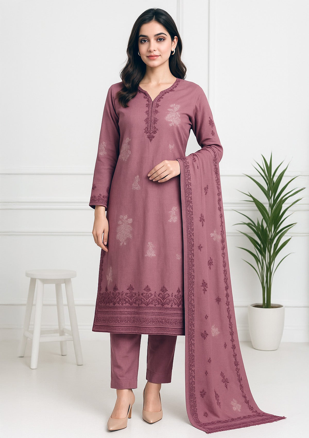 Unstitched Woolen Suit Set with Stole – Pastel Pink Embroidery