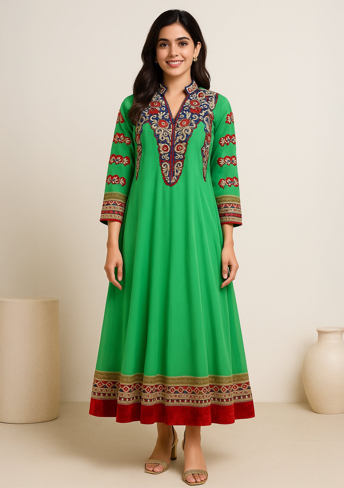 Green Embroidered Georgette Semi-Stitched Gown – Party Wear