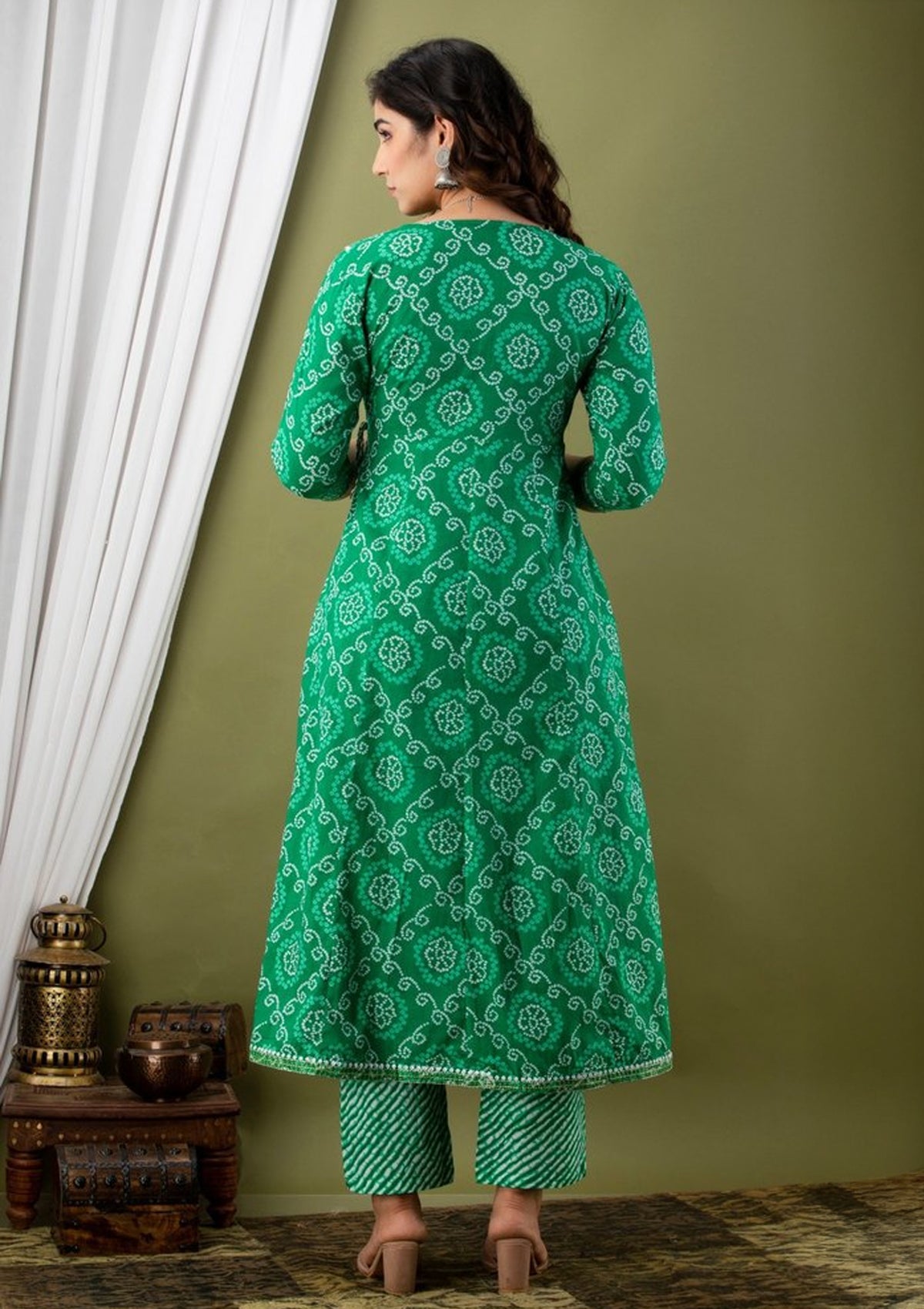 Green Cotton Stitched Suit Set with Intricate Embroidered Neckline