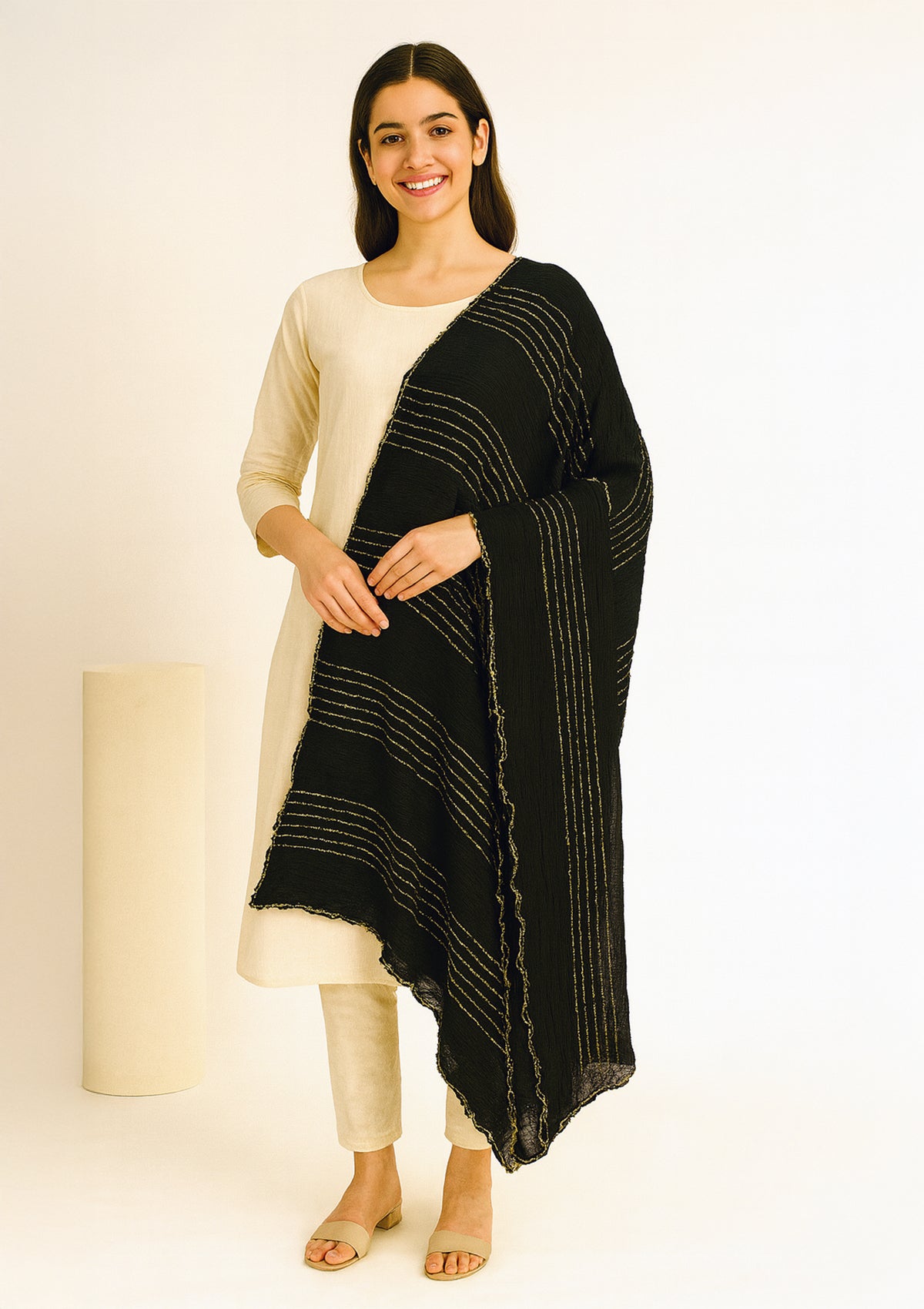 Black Chiffon Dupatta with Golden Stripes and Designer Border