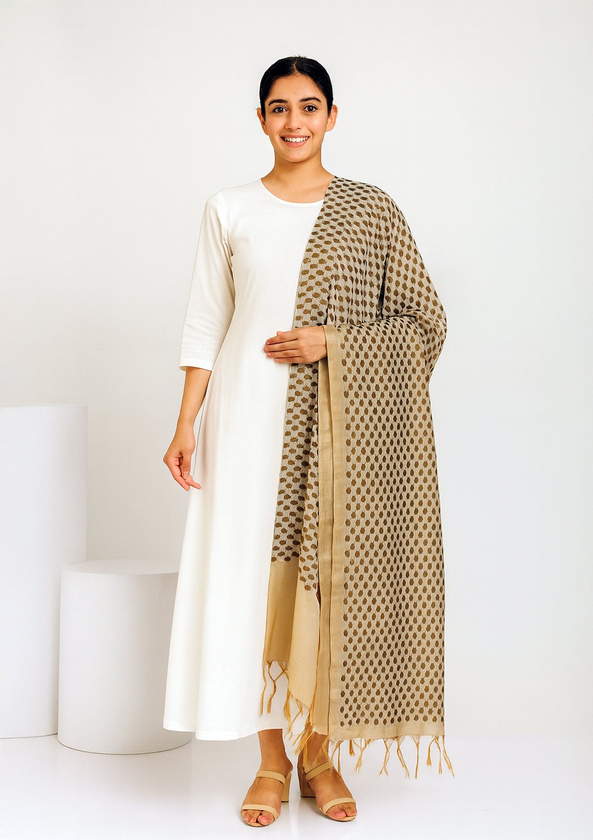 Beige Golden Silk Dupatta with Woven Pattern & Tassel Borders