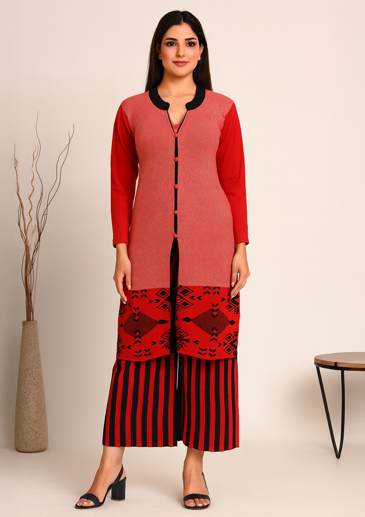 Red Woollen Karachi Suit with Black Border & Striped Palazzo