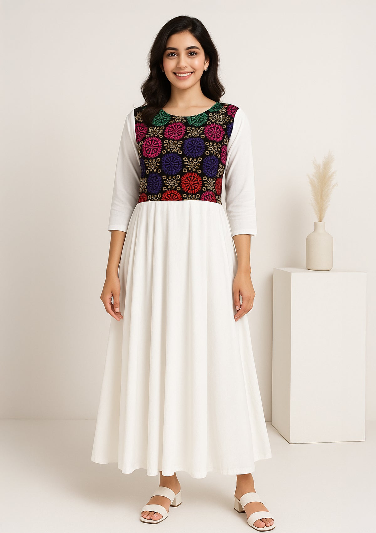 White Gown with Multicolor Embroidered Bodice – Long Dress