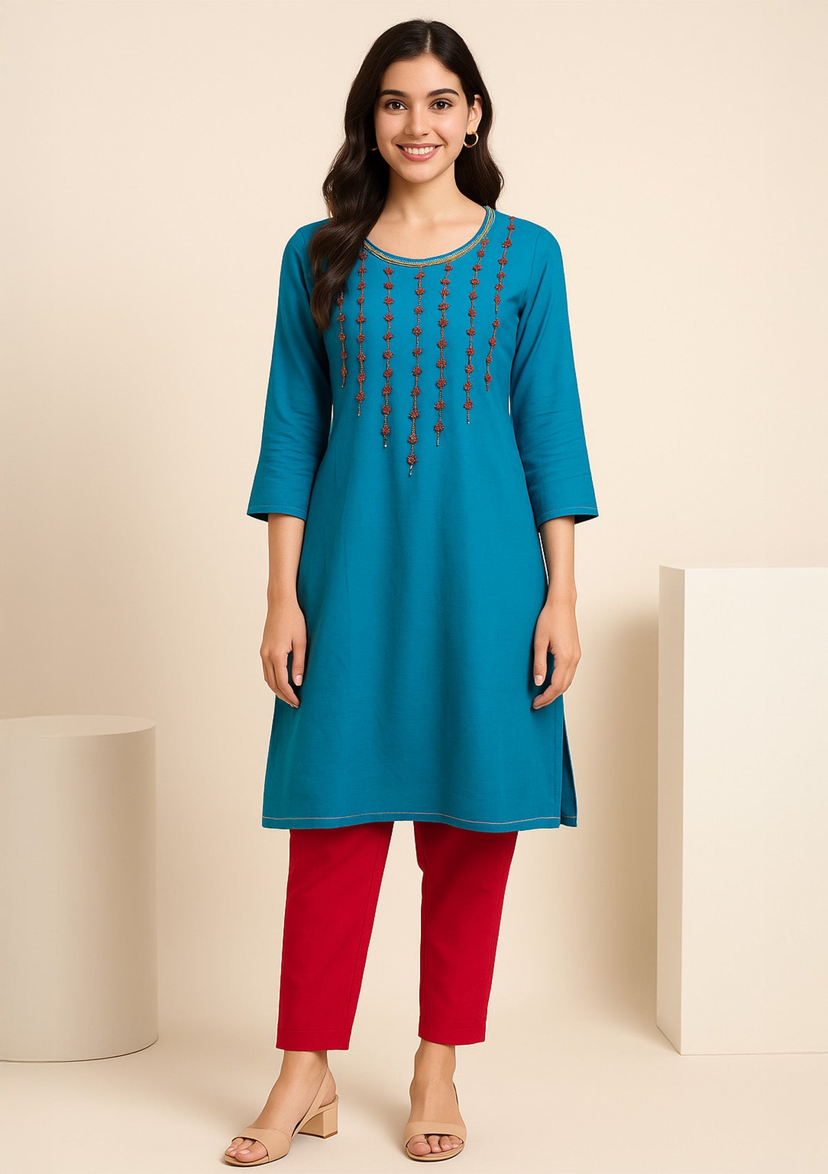 Teal Blue Kurti with Stunning Red Floral Bead Thread Embroidery