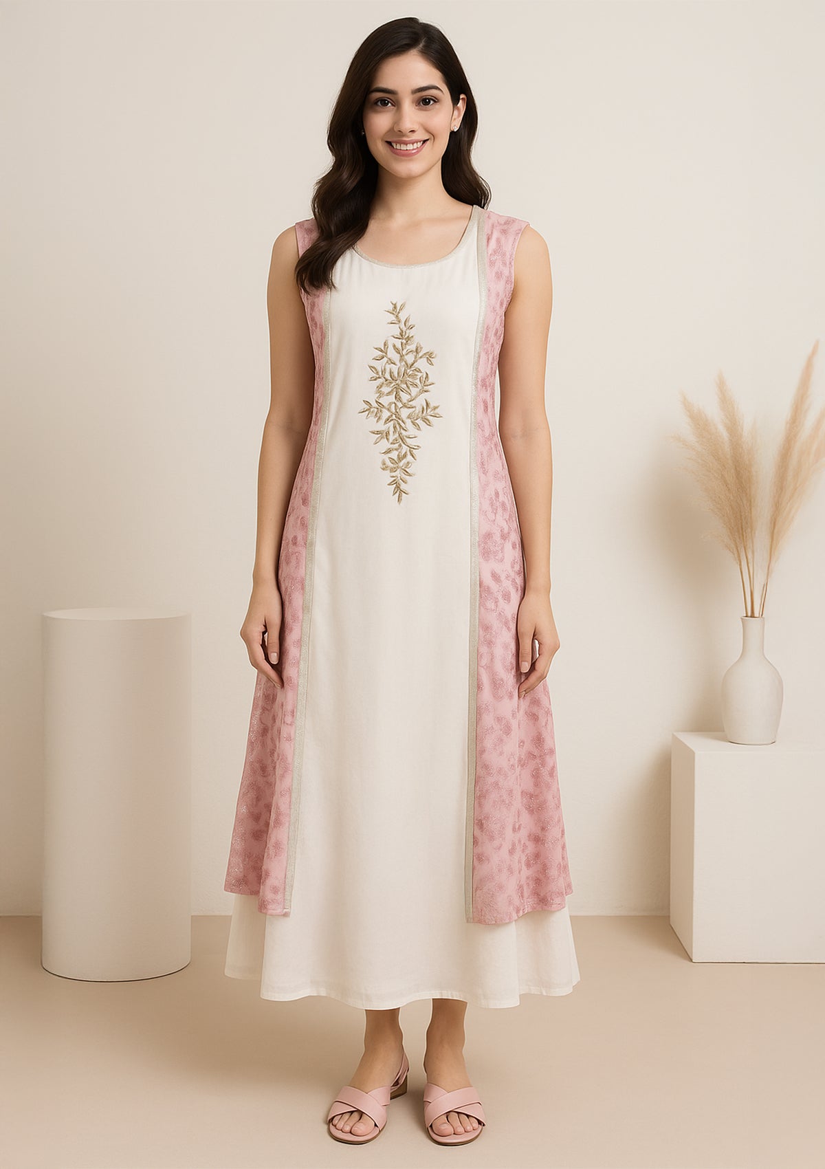 White & Pink Embroidered Layered Georgette – Festive & Party Wear