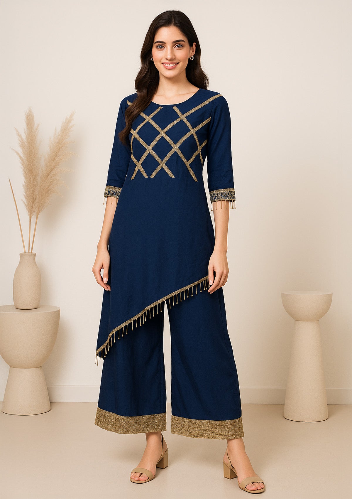 Navy Blue Kurti with Matching Palazzo Set – Designer Golden Lace Work