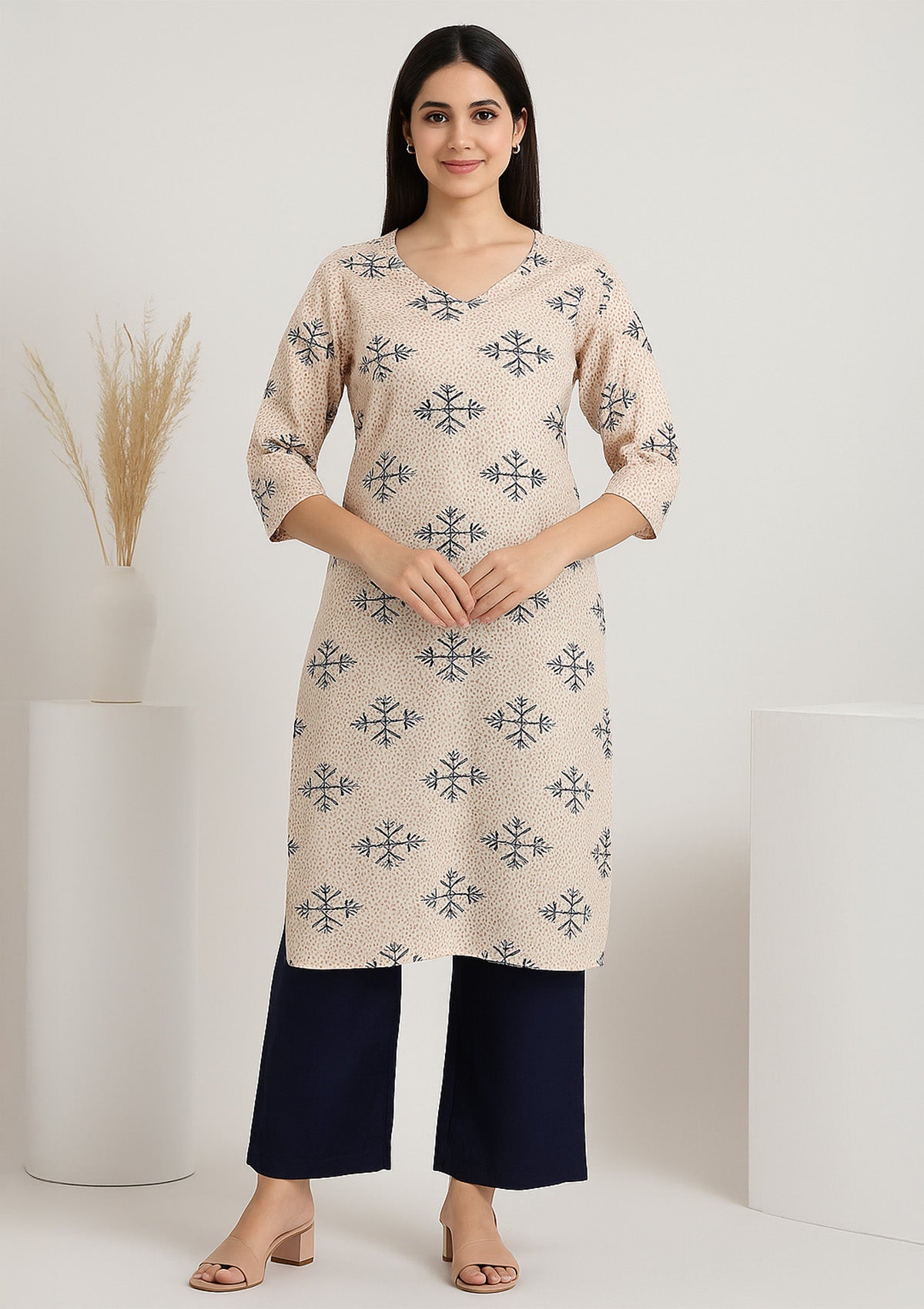 Trendy Beige Printed Cotton Kurti with Navy Blue Floral Motifs