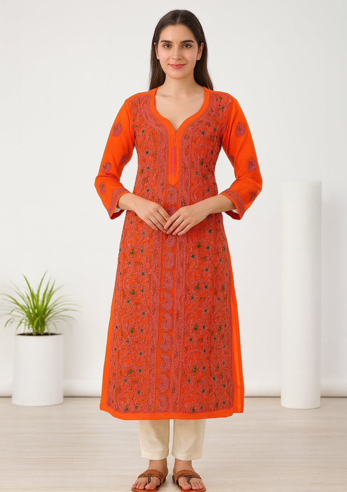 ClothingSutra Orange Georgette Kurti with Heavy Chikankari & Multicolor Embroidery 38