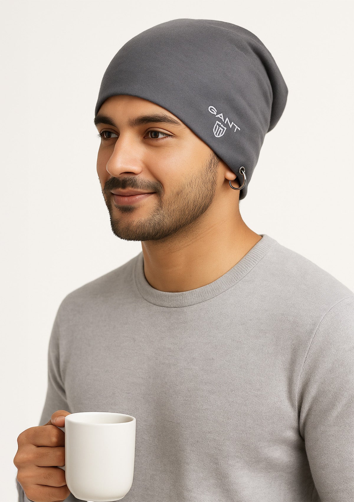 GANT Grey Solid Men's Beanie – Classic Wool Blend Winter Cap