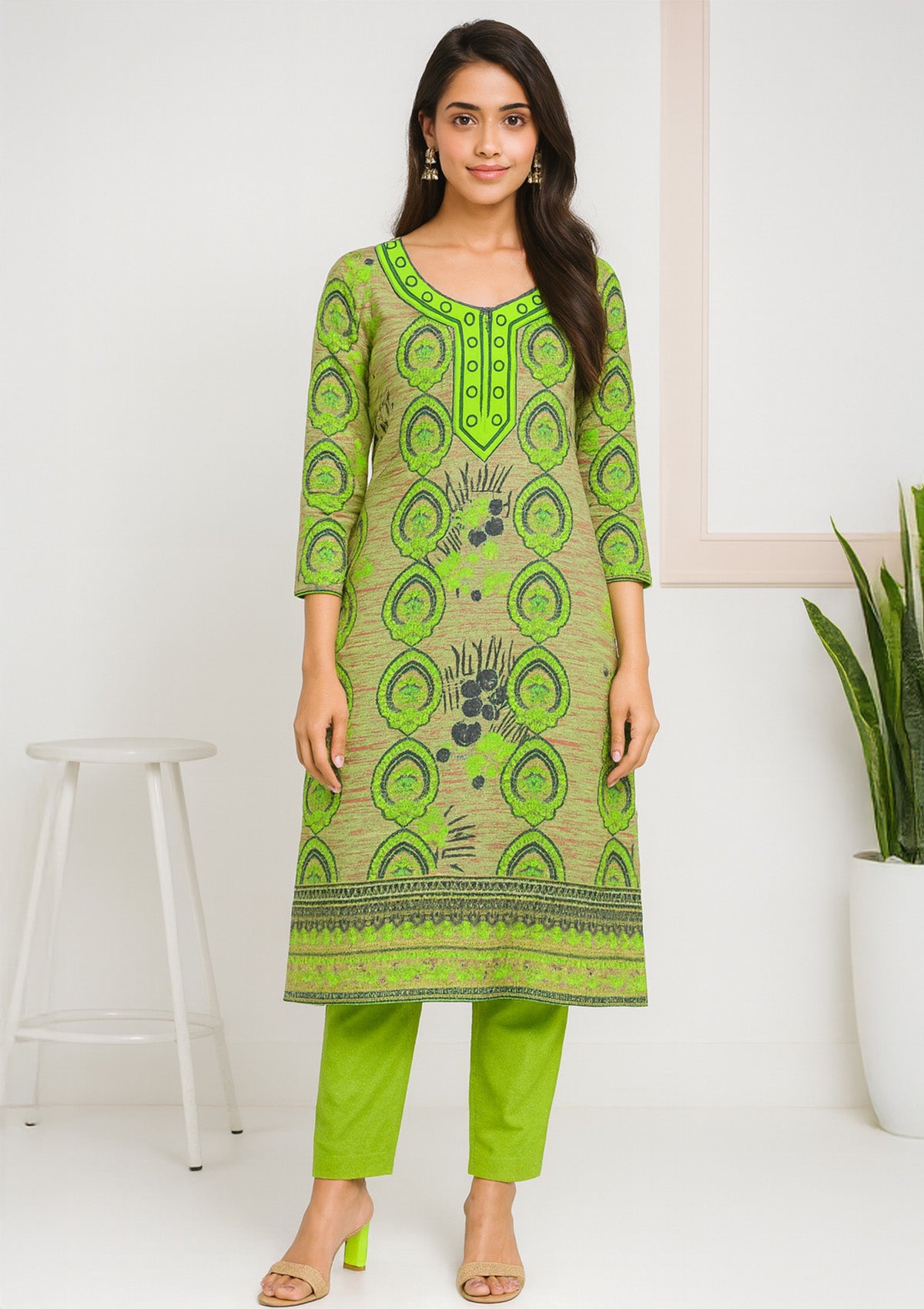 Unstitched Green Woolen Kurti Piece – Printed Neck Panel
