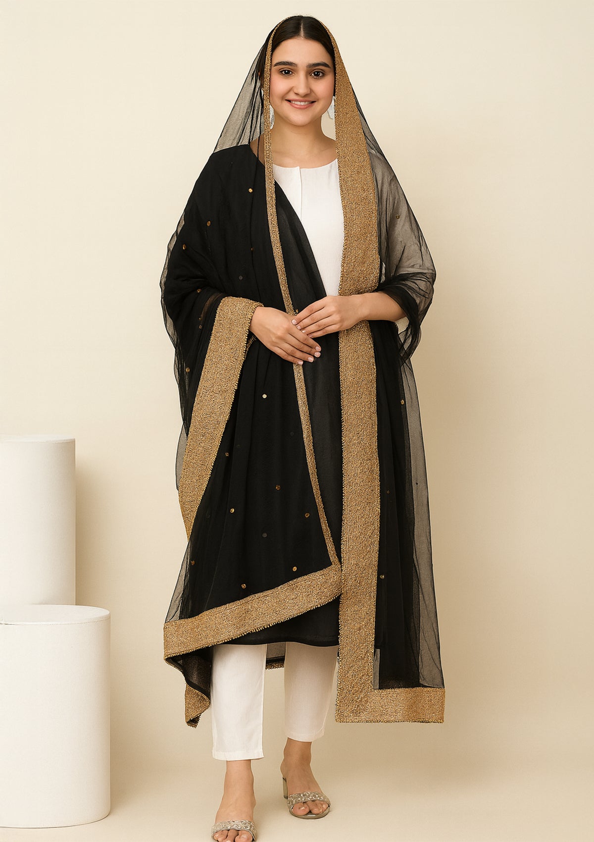 Black Net Dupatta with Golden Embroidered Border & Sequin Work