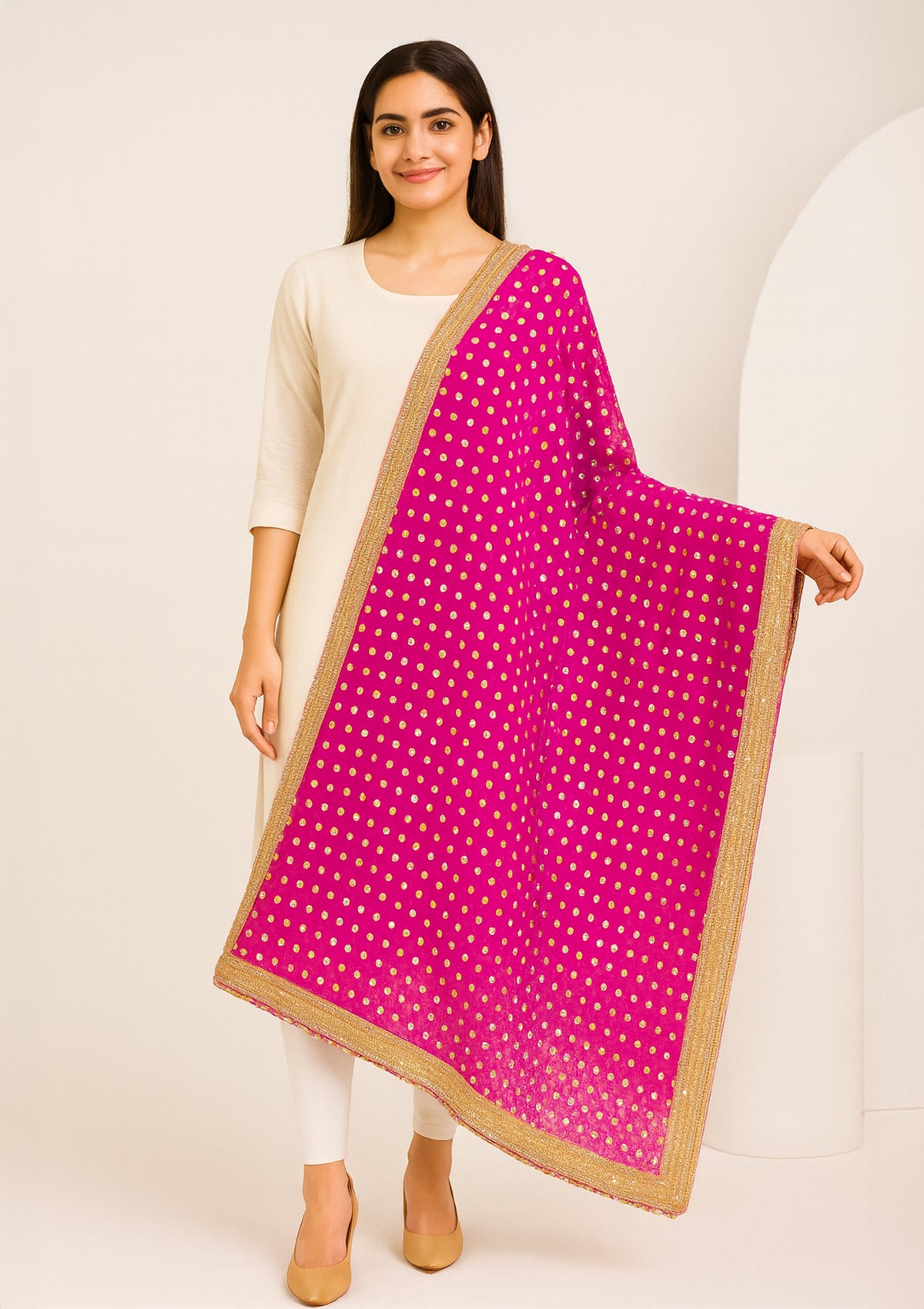 Designer Pink Net Fabric Dupatta with Heavy Golden Sequin Work