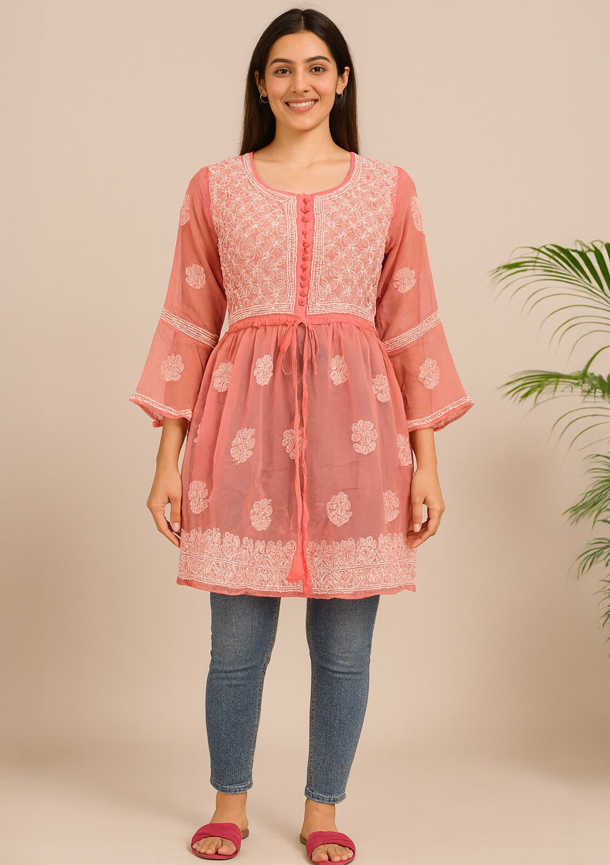 ClothingSutra Peach Pink Net Embroidered Frock-Style Kurti – Short Length 40