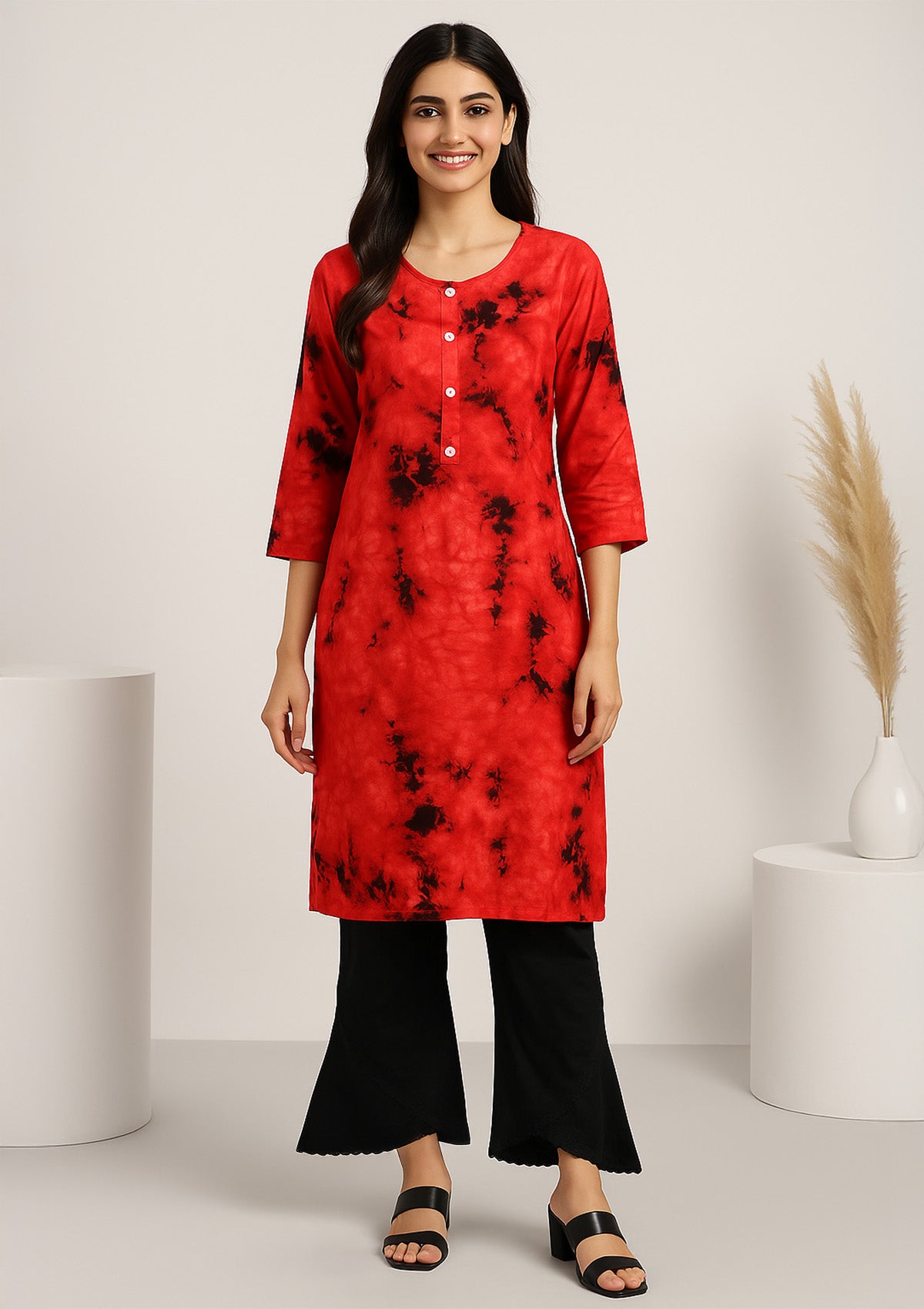 Designer Red and Black Tie-Dye Cotton Kurti with White Button Detailing