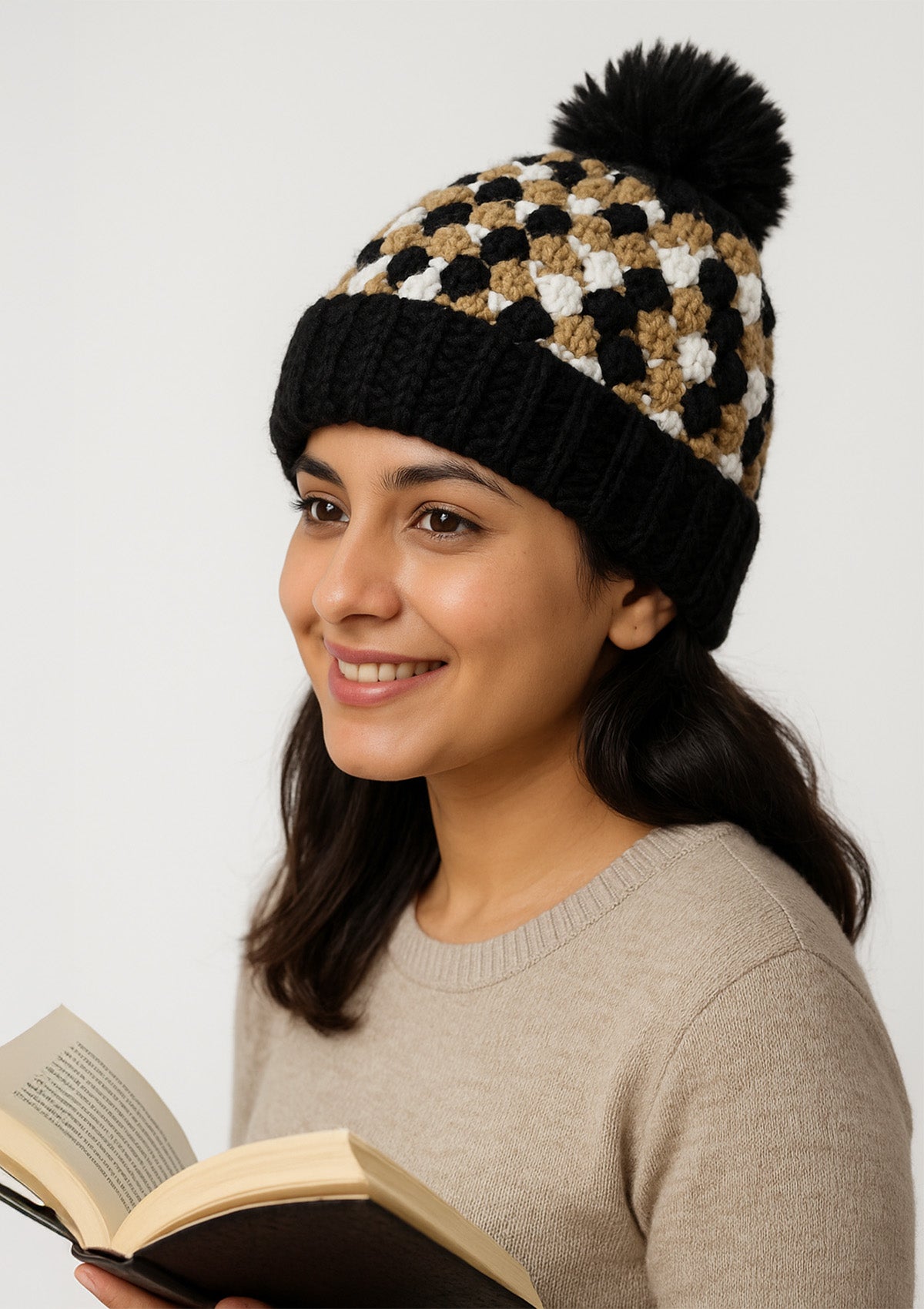 Women’s Crochet Black White Camel Pompom Beanie – Handmade