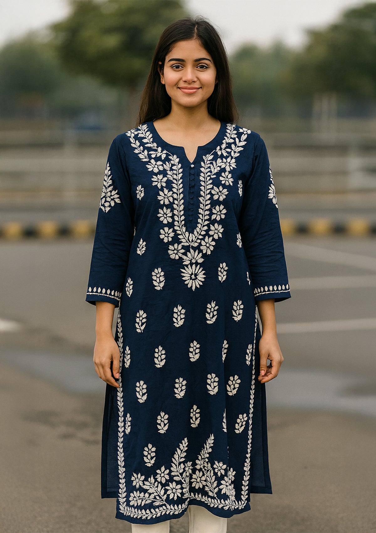 Lucknowi Chikankari Solid Women’s Long Kurta – Navy Blue