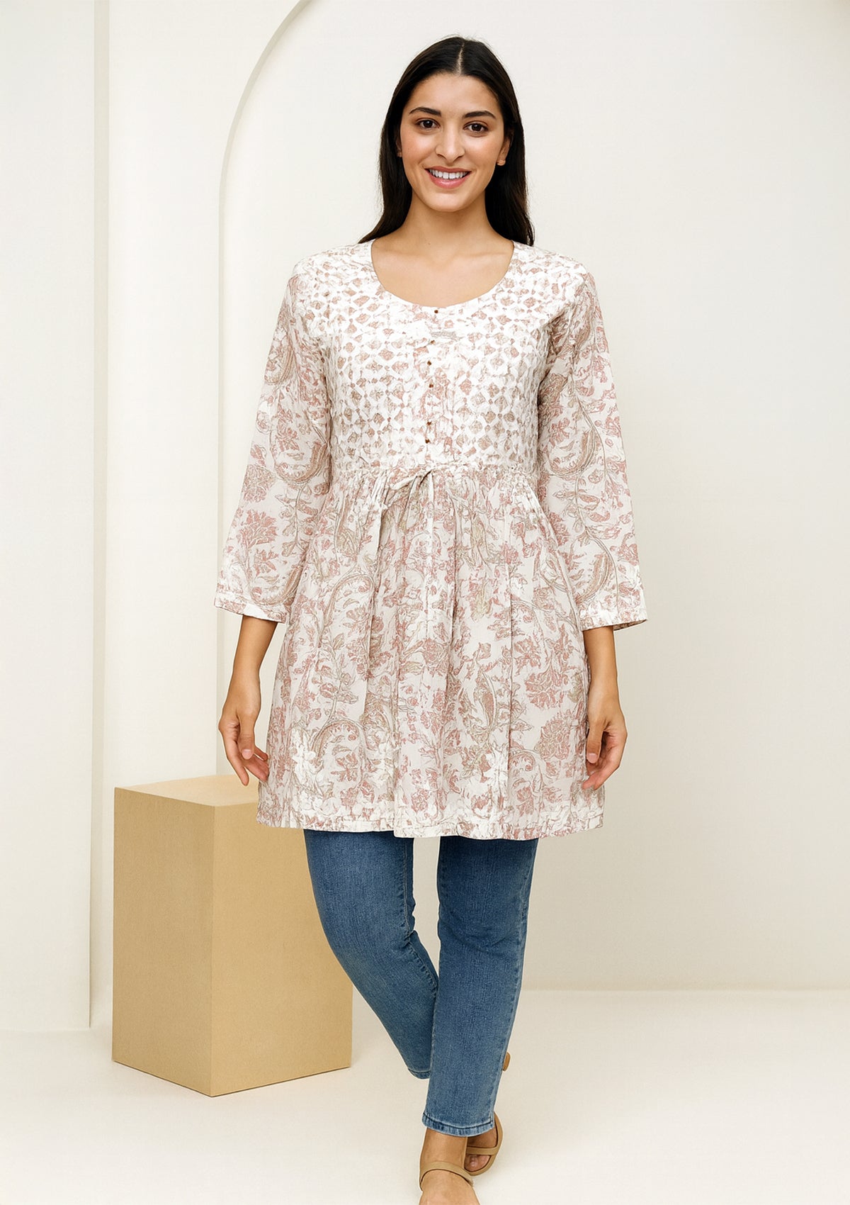 ClothingSutra White Printed Cotton Kurti with Chikankari Embroidery 36