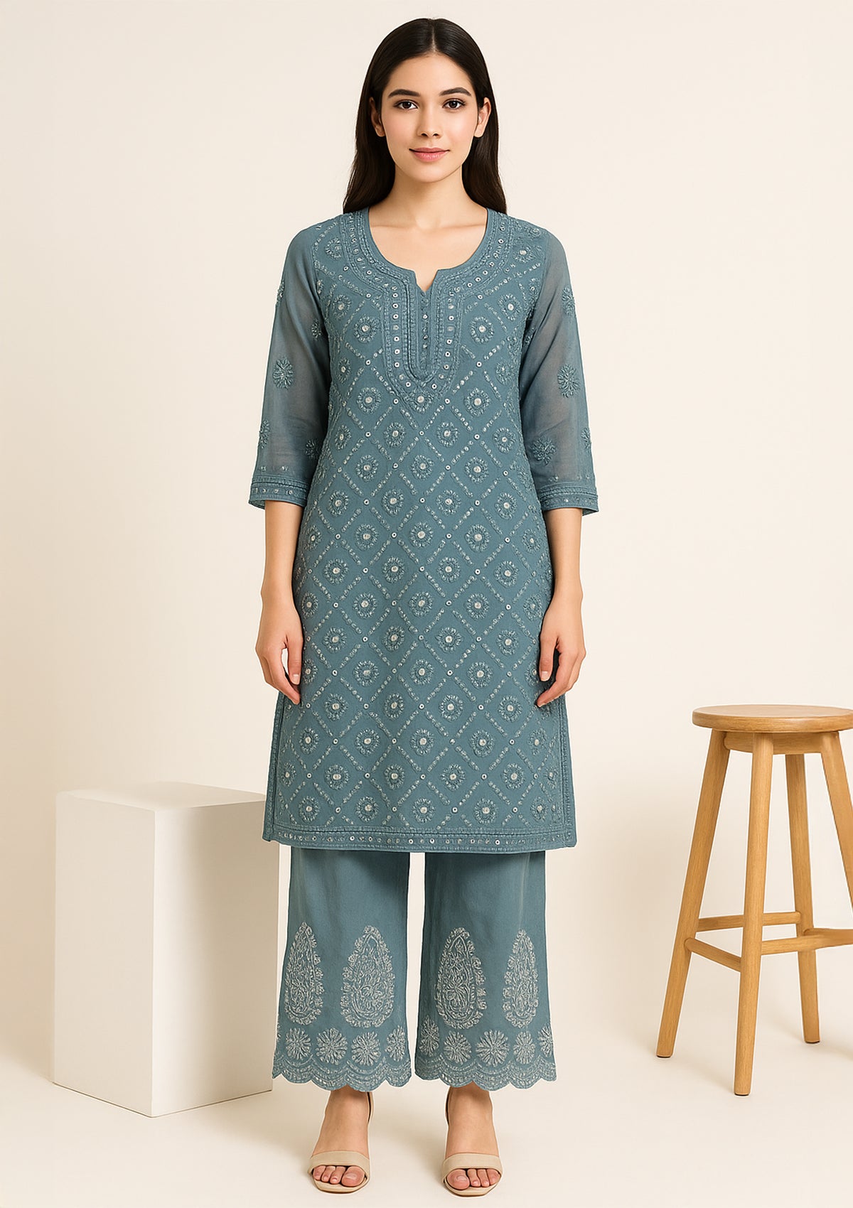 Grey Georgette Kurti Set with Chikankari Embroidery & Mirror Work