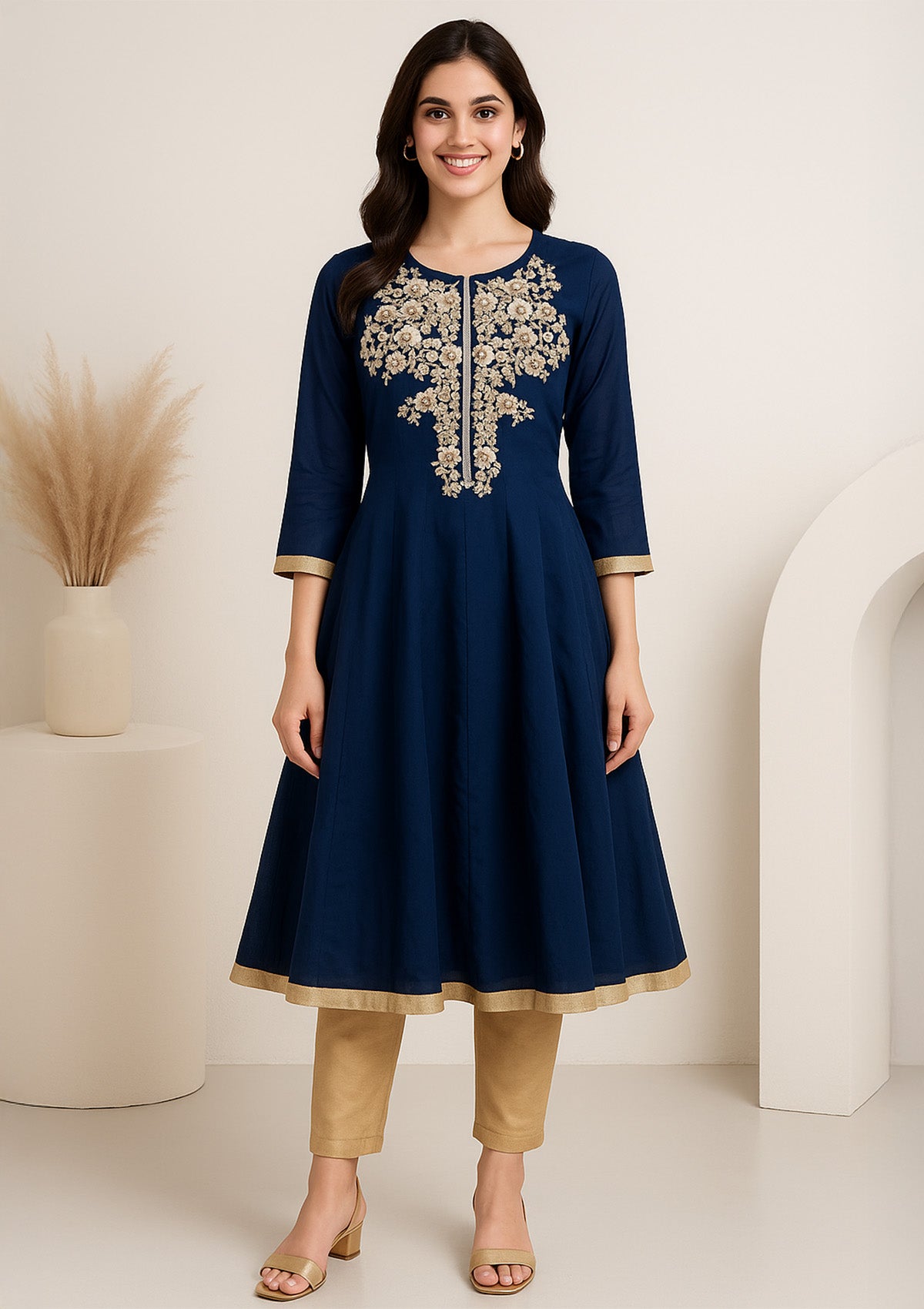 Royal Blue Georgette Anarkali Flared Kurti with Golden Floral Embroidery
