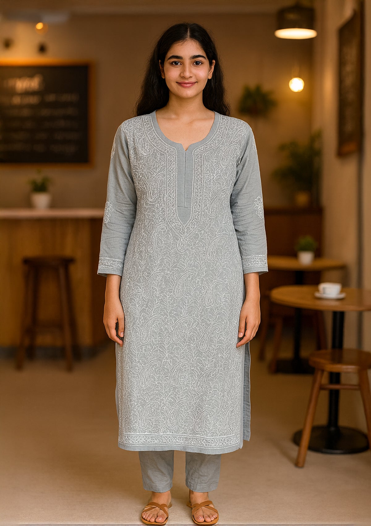 Chikankari Solid Women’s Long Kurta – Grey