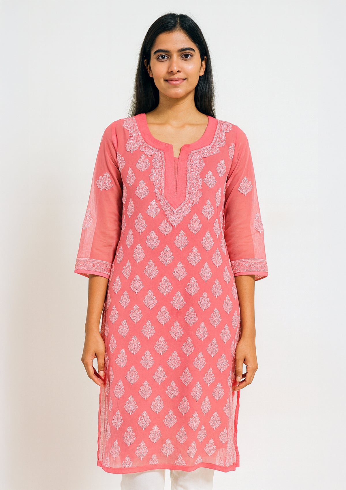 ClothingSutra Peach Pink Georgette Kurti with White Chikankari Embroidery 42