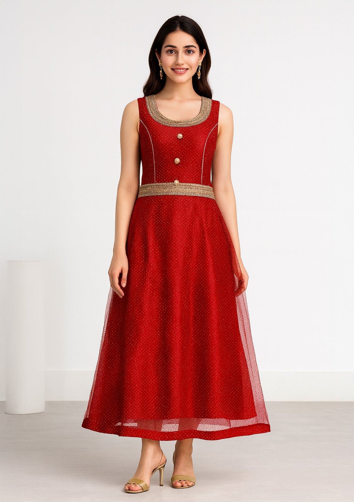 Red Net Dress with Golden Embellished Detailing - Party & Wedding