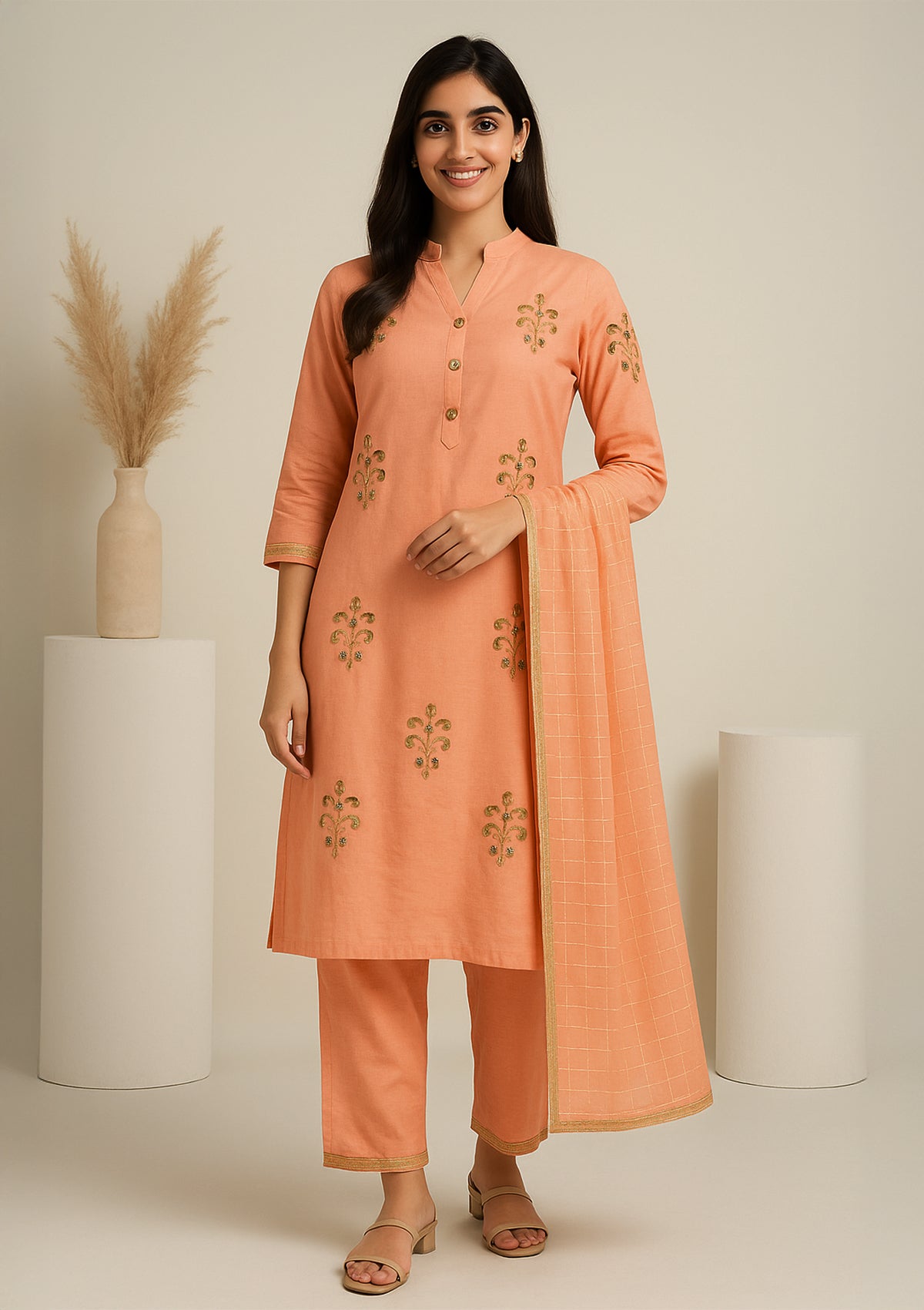 Peach Silk Embroidered Kurta Set with Dupatta – Festive Wear