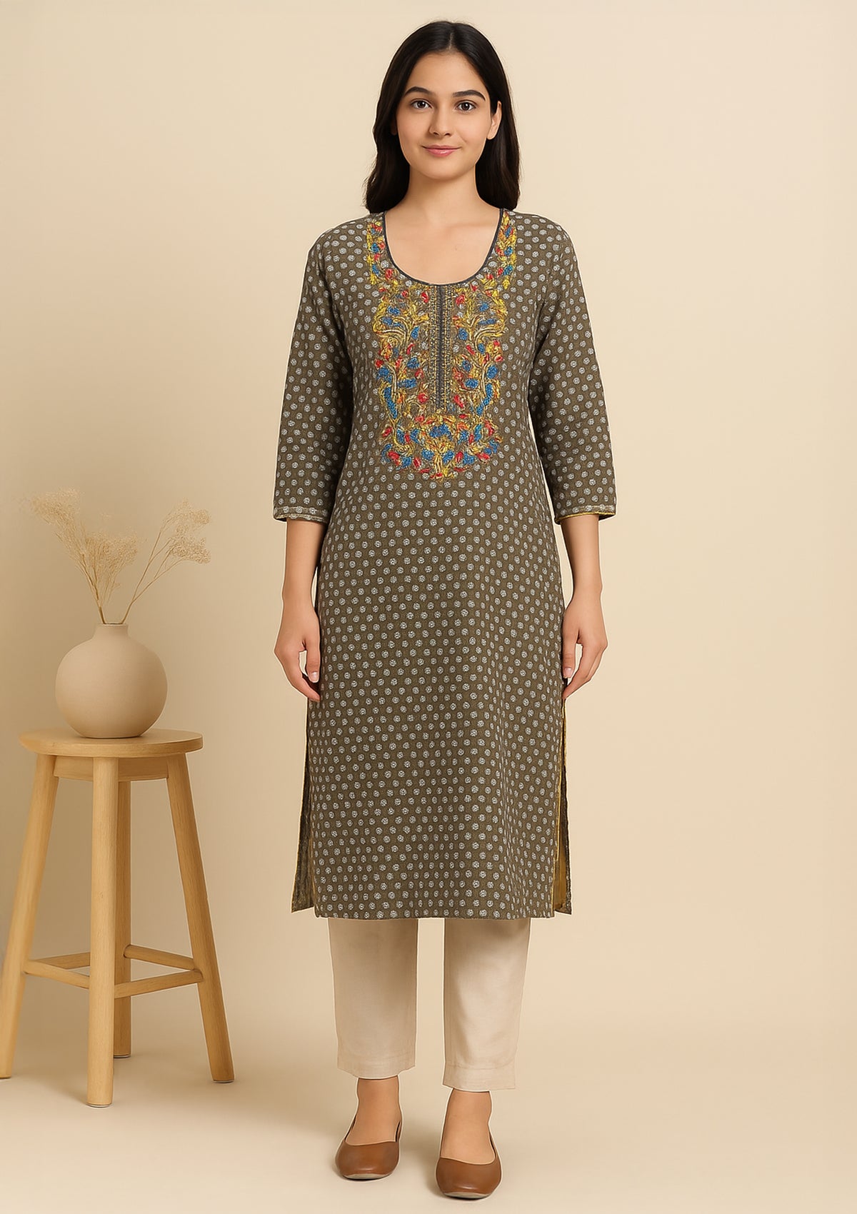 Olive Grey Cotton Kurti with Multicolor Embroidery – Casual Wear