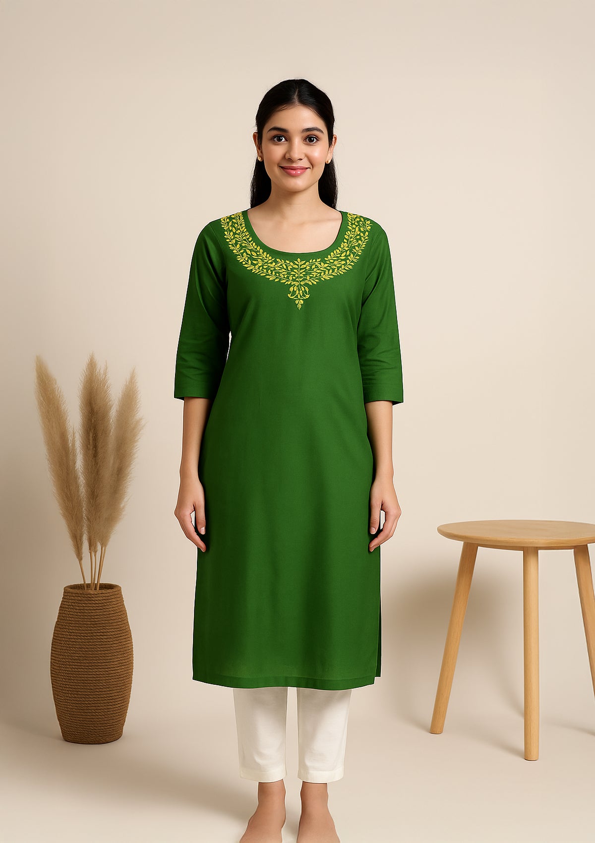 ClothingSutra Chikankari Embroidered Cotton Kurti – Bottle Green 38