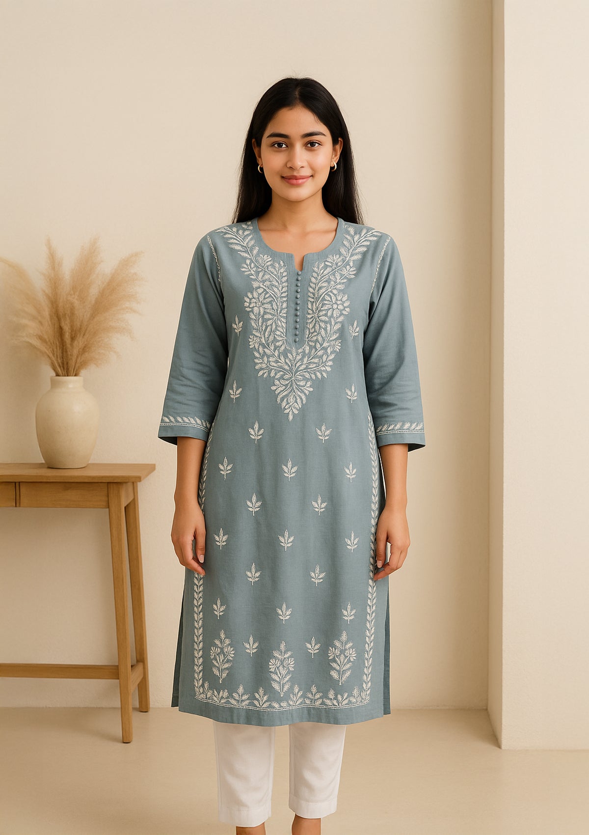 Chikankari Cotton Women’s Kurta – Grey