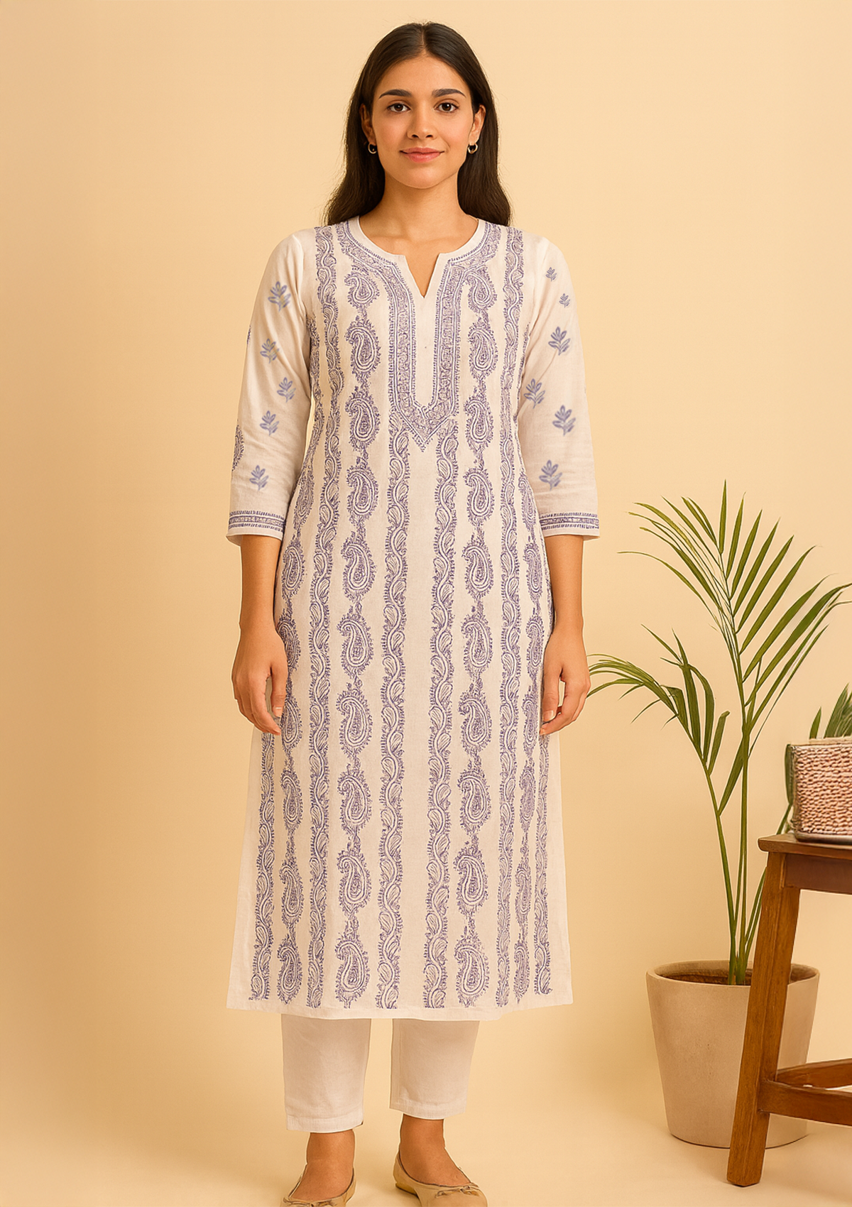 ClothingSutra Chikankari Embroidered Cotton Kurti – Ivory White with Purple Threadwork 40