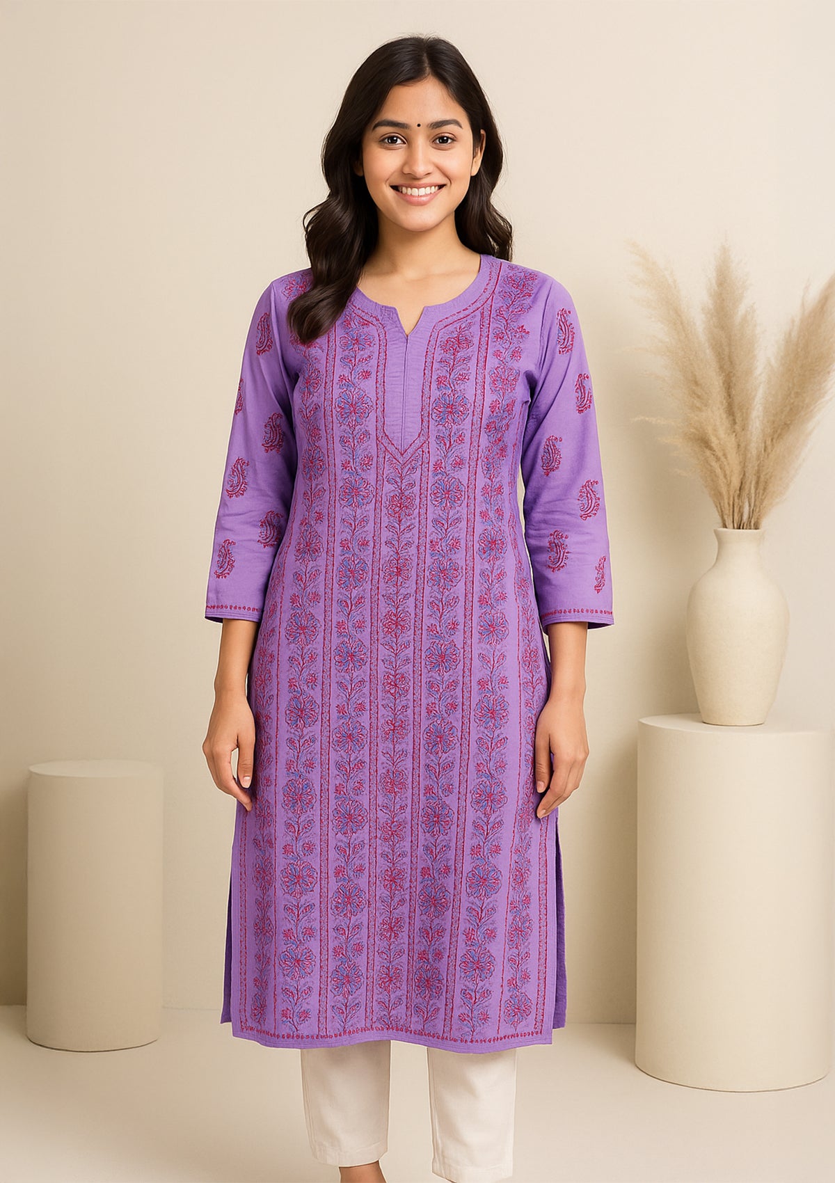 ClothingSutra Lavender Cotton Kurti with Multicolor Embroidery – Elegant Everyday Wear