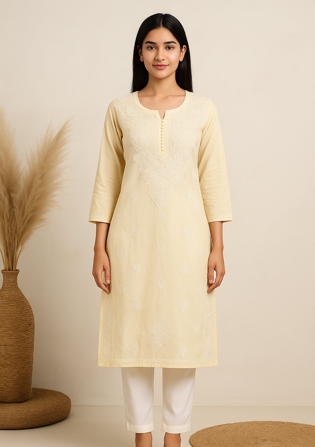 Chikankari Solid Women’s Long Kurta – Soft Yellow Elegance
