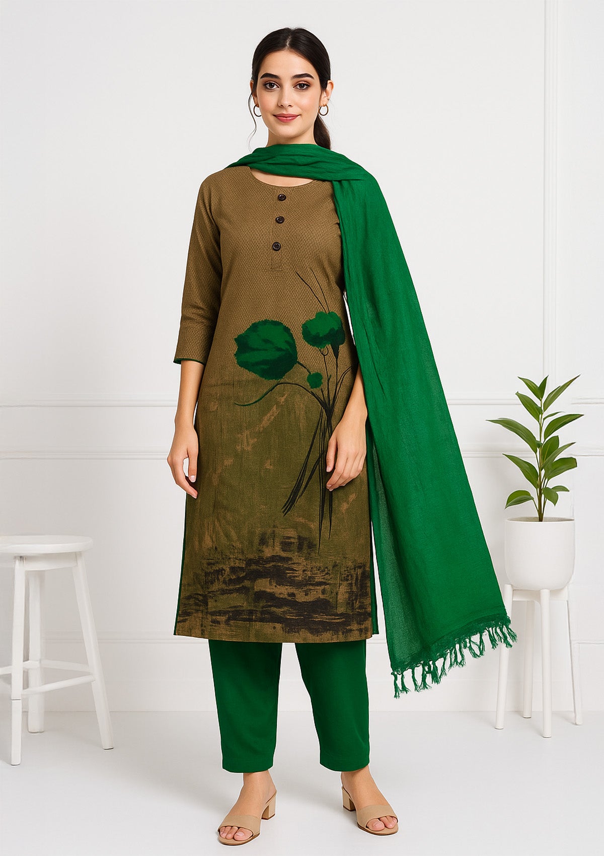 Unstitched Winter Suit Set with Stole – Olive Brown Print