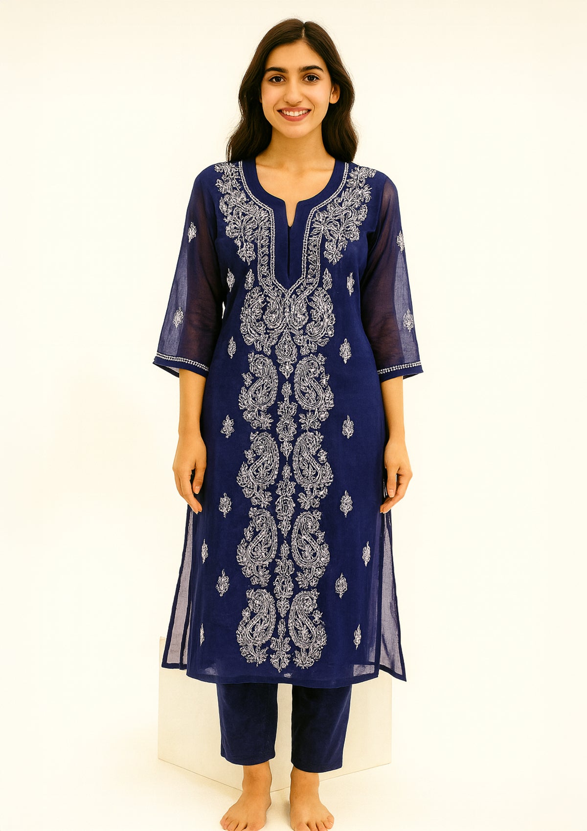Georgette Kurti with Chikankari & Mirror WorK - Royal Blue