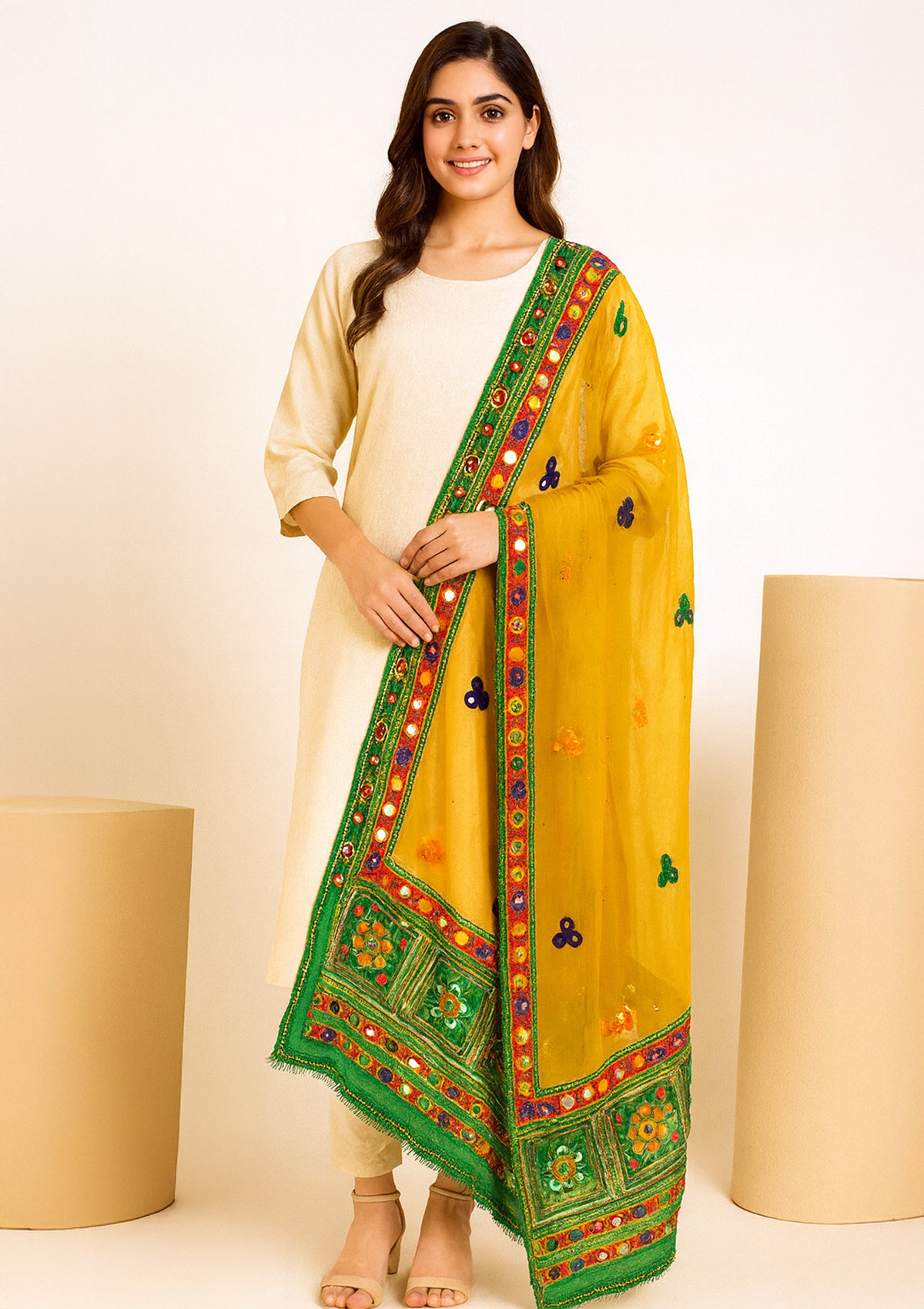 MultiColor Chiffon Dupatta with Green Embroidered Border & Mirror Work